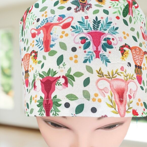 PREMIUM Fabric Wombs a Bloom Euro Scrub Cap~ L&D, RN, Obgyn, CNA, Gift. - Picture 2 of 6